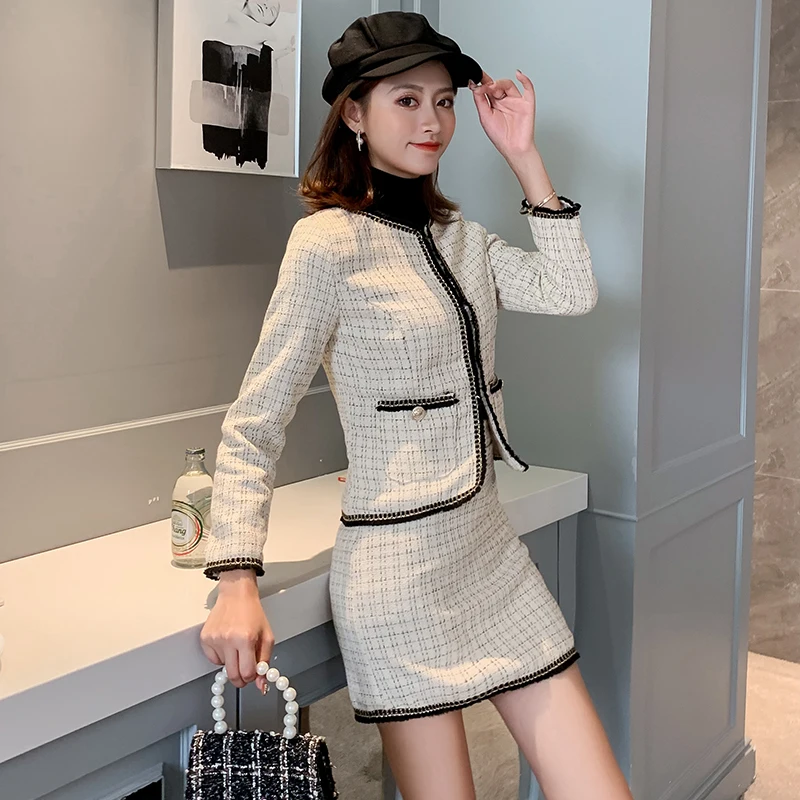 

2020 Autumn Vintage Elegant Plaid Tweed Two Piece Skirt Sets Women Long Sleeve Jacket Tops + High Waist Mini Skirt Fashion Suit