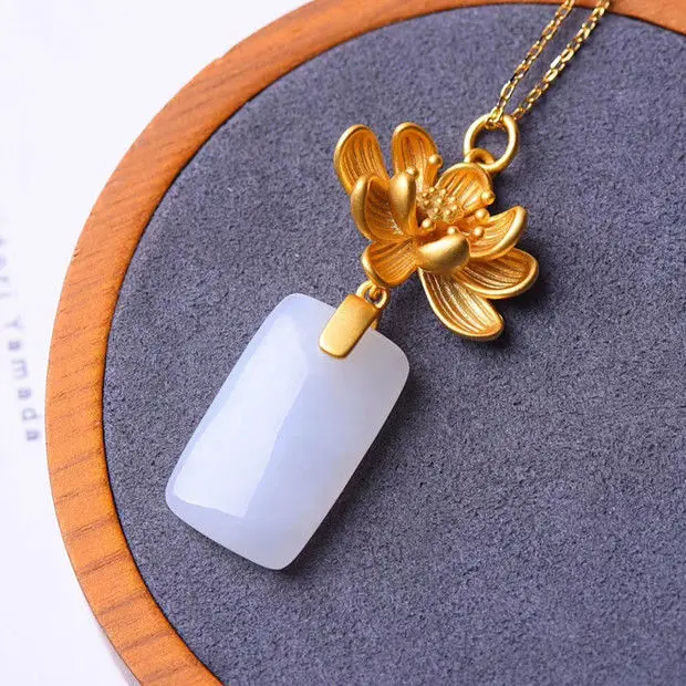 

Natural Hetian Jade Lotus Pendant Women's S925 Silver Necklace White Jade Geometry Rectangle Tranquility and Peace Plate Pendant