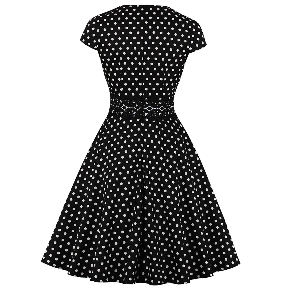 Женское винтажное платье в горошек черное из хлопка стиле ретро 60 х с V образным