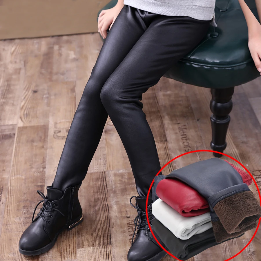 Леггинсы из искусственной кожи для девочек зимние теплые вязаные леггинсы детей