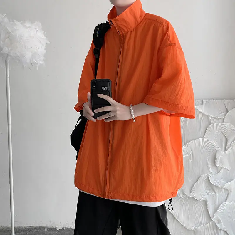 

Летние тонкие рубашки, Мужская модная однотонная Повседневная рубашка, Мужская Уличная одежда, свободные рубашки с коротким рукавом, мужские рубашки на молнии