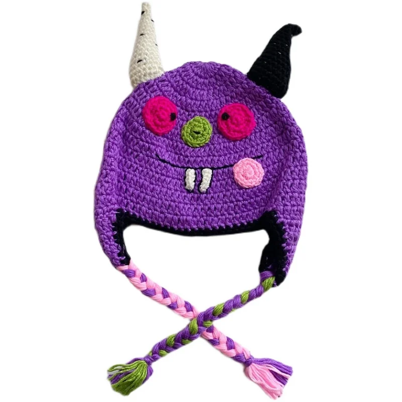 

Net Red Same Hat Purple Devil Handmade Wool Hat Ins Winter Cartoon Knitted Ear Protection Men And Women Accessories