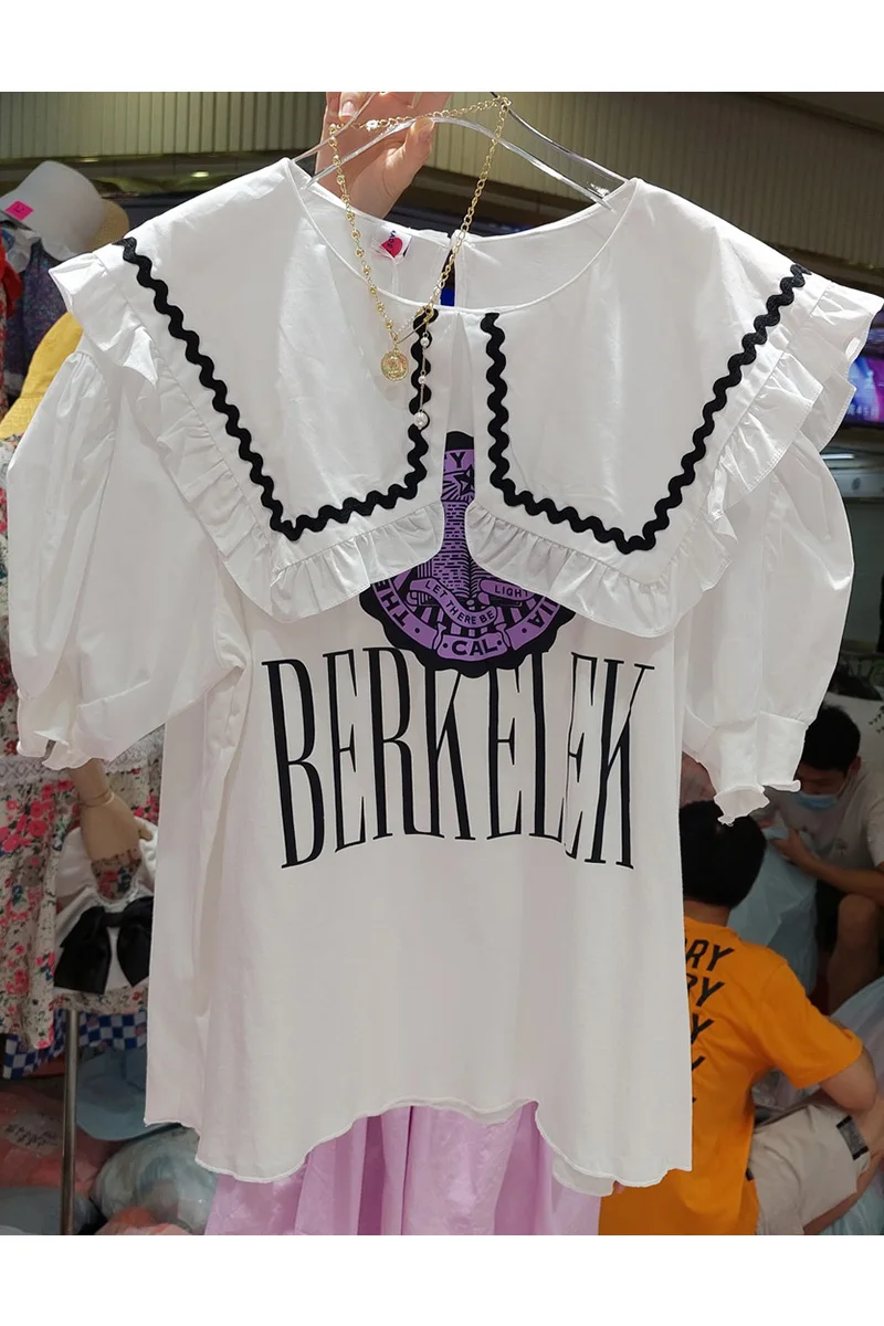 

Women Casual Fashion Large Sailor Collar Letter Printed Short Puff Sleeve Shirt Summer Clothing Contrast Color Blouse Top