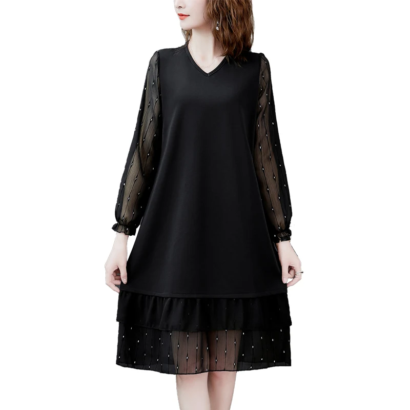 

2021 Spring Casual Loose Black Mesh Midi Dresses Autumn 3XL Plus Size Knited Vintage Solid Dresses Women Bodycon Classy Vestidos