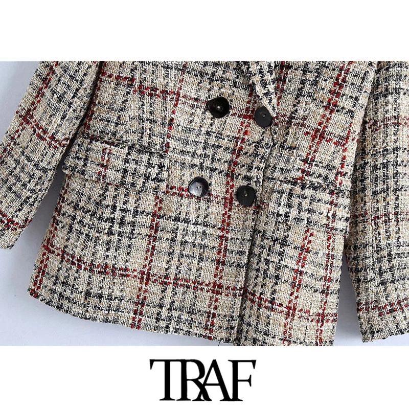 

TRAF Women Fashion Double Breasted Tweed Check Blazers Coat Vintage Long Sleeve Pockets Female Outerwear Chic Tops