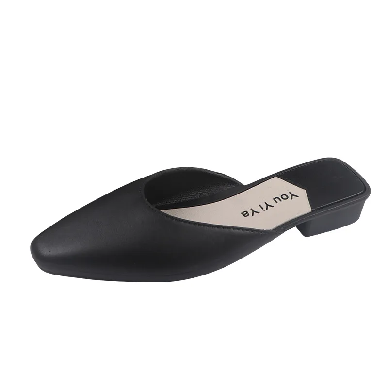 

Flat Shoes Slip On New Slippers Women Summer Flat Heel Outdoor Pu Leather Shoes Fairy Half Pointed Toe Sandals Women's Sandals