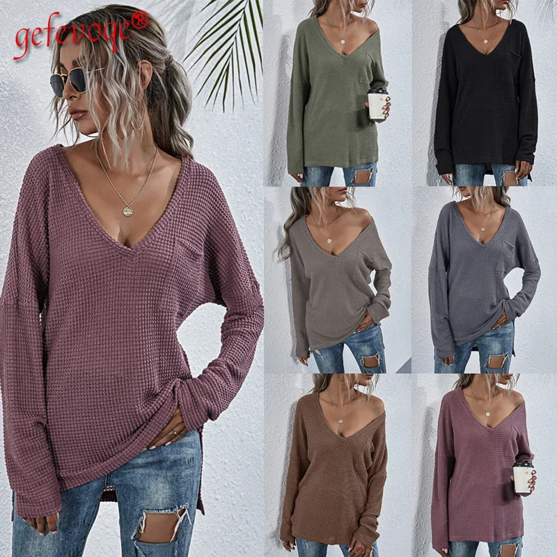 

Women All-match Solid Color V-neck Sweater Lady Causal Sexy Patchwork Loose Blouse Off Shoulder Popularity Comfortable Clothing