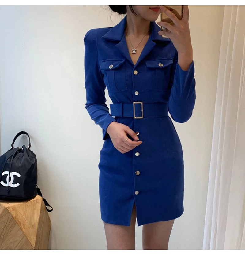 Trytree Autumn Winter Women Casual Dress Turn-down Collar Single Breasted Pockets Belt 5 Colour Slim fit Fashion Mini Dress