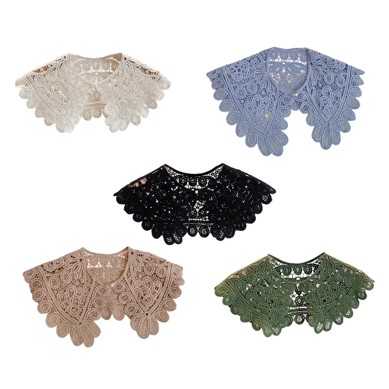 

Women Hollow Out Crochet Fake Collar Floral Lace Solid Color Lolita Big Shawl Detachable Button Short Poncho Capelet