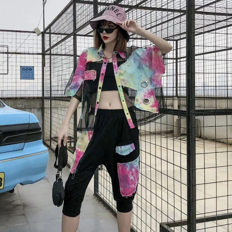 

Костюм женский джинсовый в Корейском стиле, брендовый комбинированный кардиган из сетчатой ткани, жакет и шаровары, модный костюм, лето