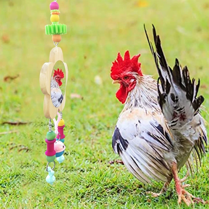 

Hanging Bird Mirror Chicken Toys with Bell Wooden Pecking Toy for Chicks Hens Coop