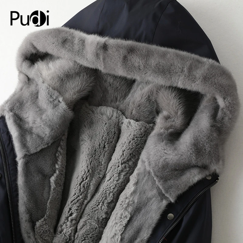 PUDI A49010 Женское зимнее пальто из хлопковой ткани, натуральный кроличий мех, теплая куртка, норковый меховой воротник, пальто для девочек, Женская длинная куртка, пальто
