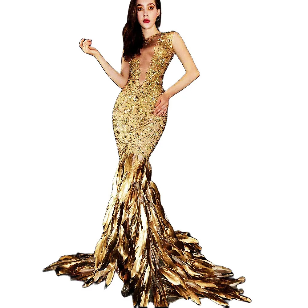 

Sparkling Rhinestones Dress Transparent Sleeveless Women Sknny Stretch Dresses Long Trailing Feathers Birthday Celebrity Costume