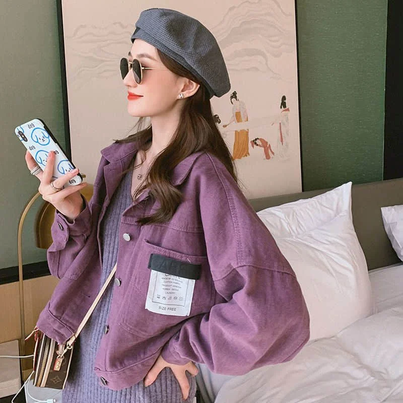 

Tooling short denim jacket spring autumn retro port style Neutral 2021 new female loose jacket elegant mysterious purple coat