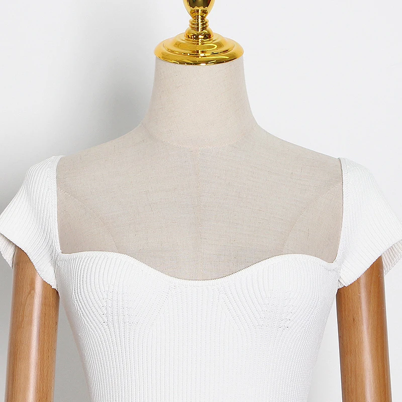 

GALCAUR Sheath Dress For Women Square Collar Short Sleeve High Waist Back Split Bodycon Vintage Dresses Female 2021 Summer Tide