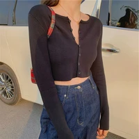 simple single breasted cardigan spring autumn women o neck solid colors long sleeve crop tops slim casual thin short sweaters