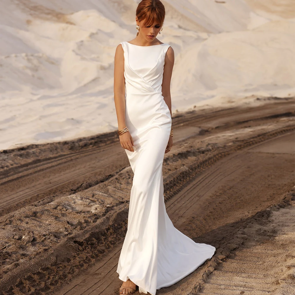 

Civil White Satin Wedding Dress Simple Cap Sleeves Bridal Gown Mono Scoop Neck Backless Floor Length Robe De Mariage 2022