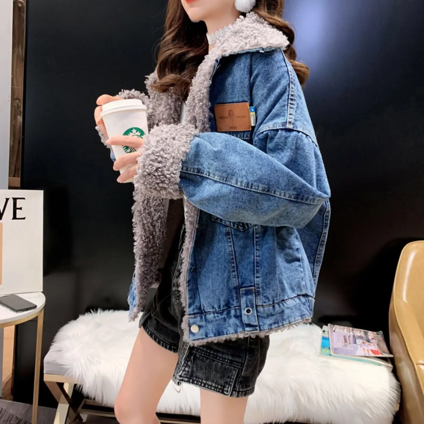 

Women Thick Artificial Wool Liner Demin Jacket Autumn And Winter Casual Style Woman Parkas Female Coats