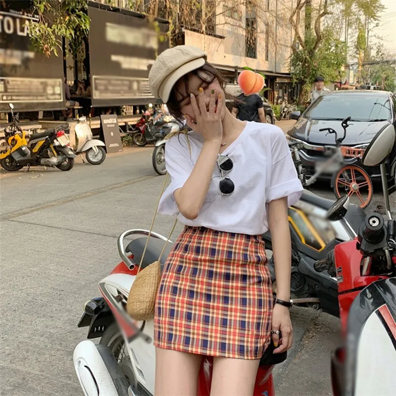 

Fashion High Waist Skirts Womens Slim Temperament A Line Skirt Simple Style New Stitching Color Emprie Plaid Skirts dropship