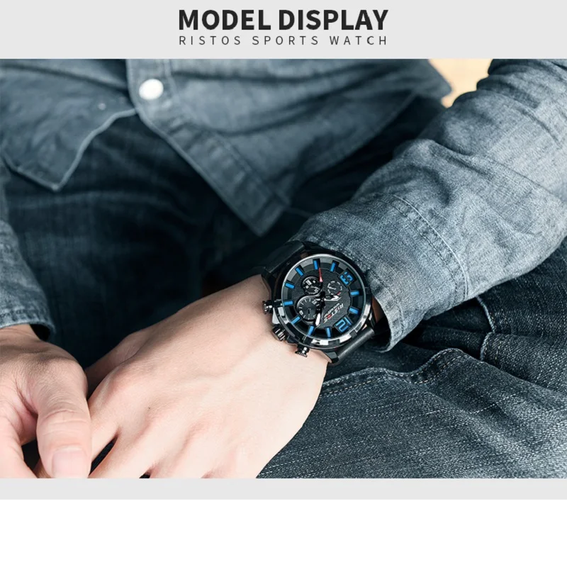 Оригинальные мужские наручные часы RISTOS с календарем спортивные кварцевые