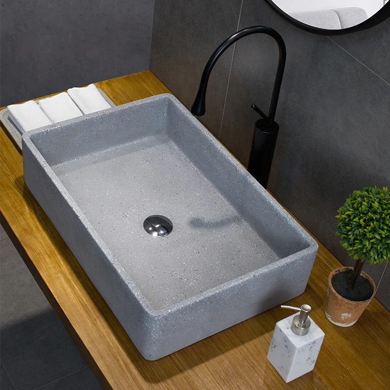 Stone artisan concrete cement vanity above counter basin industrial personality simple art terrazzo retro square | Дом и сад