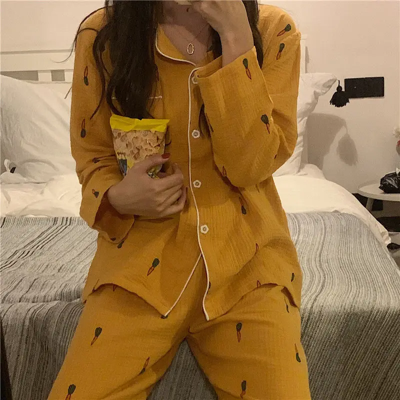 QWEEK Cotton Pajamas for Women Korean Sleepwear Fruit Cartoon Pijama Autumn Comfortable Clothes for Home Pyjamas 2 Piece Set