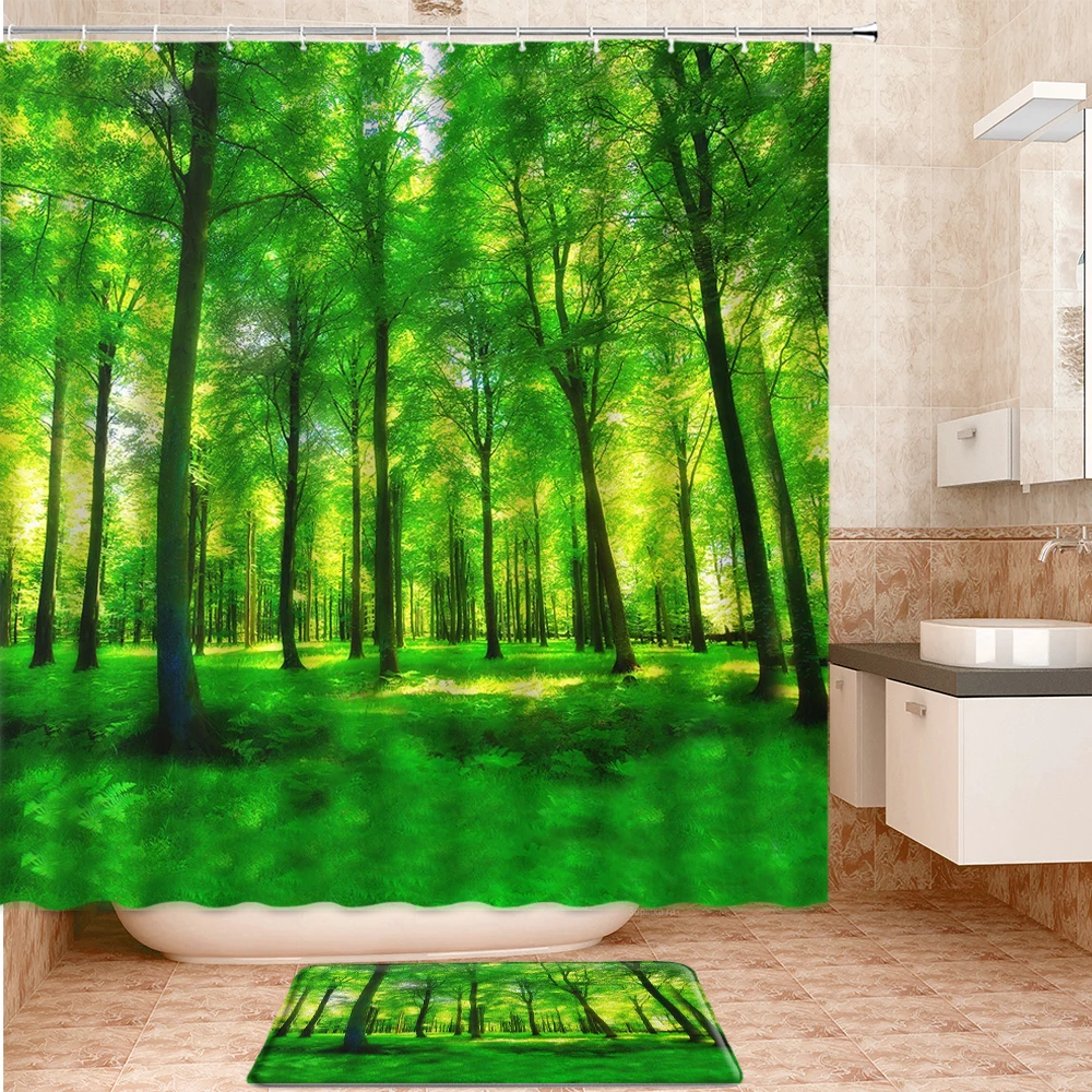 

Green Forest Landscape Shower Curtains Set Bath Mats Rugs Carpet Entrance Door Mat Scenery Bathroom Curtain Bathroom Products