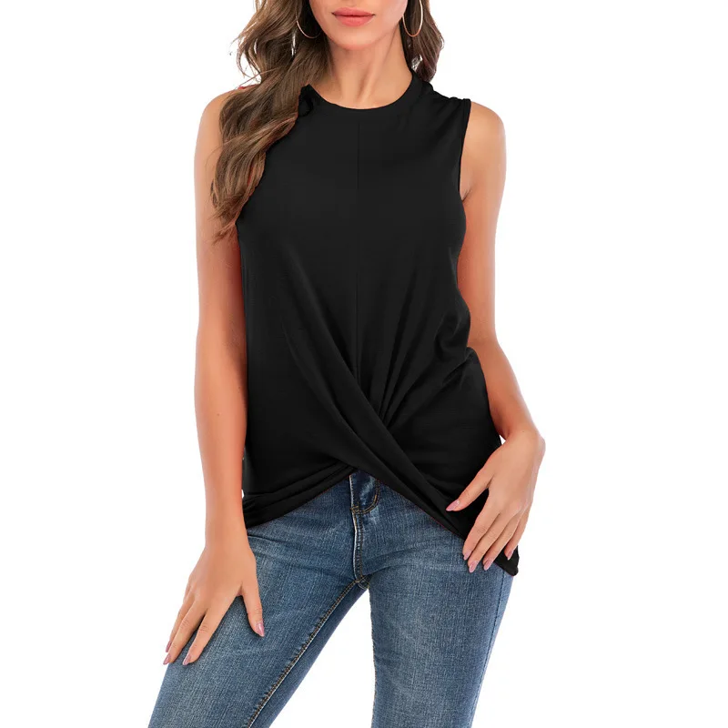 

Summer 2020 ladies casual vest t-shirt skirt loose long section sleeveless casual round neck sleeveless pleated vest T-shirt
