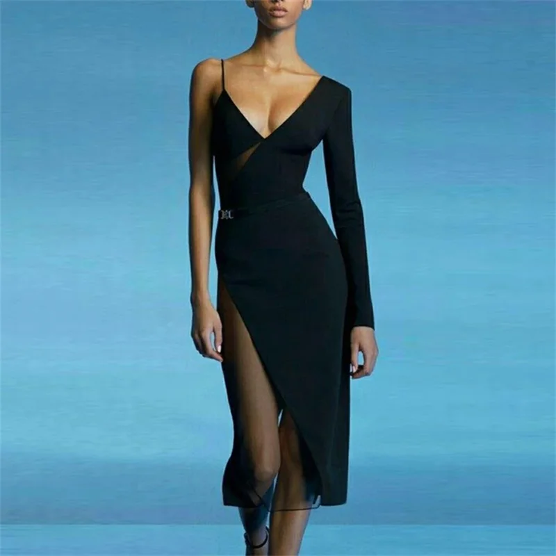 

Черное сексуальное Бандажное платье на одно плечо с бретельками, женские сетчатые лоскутные платья до колен с V-образным вырезом, облегающе...