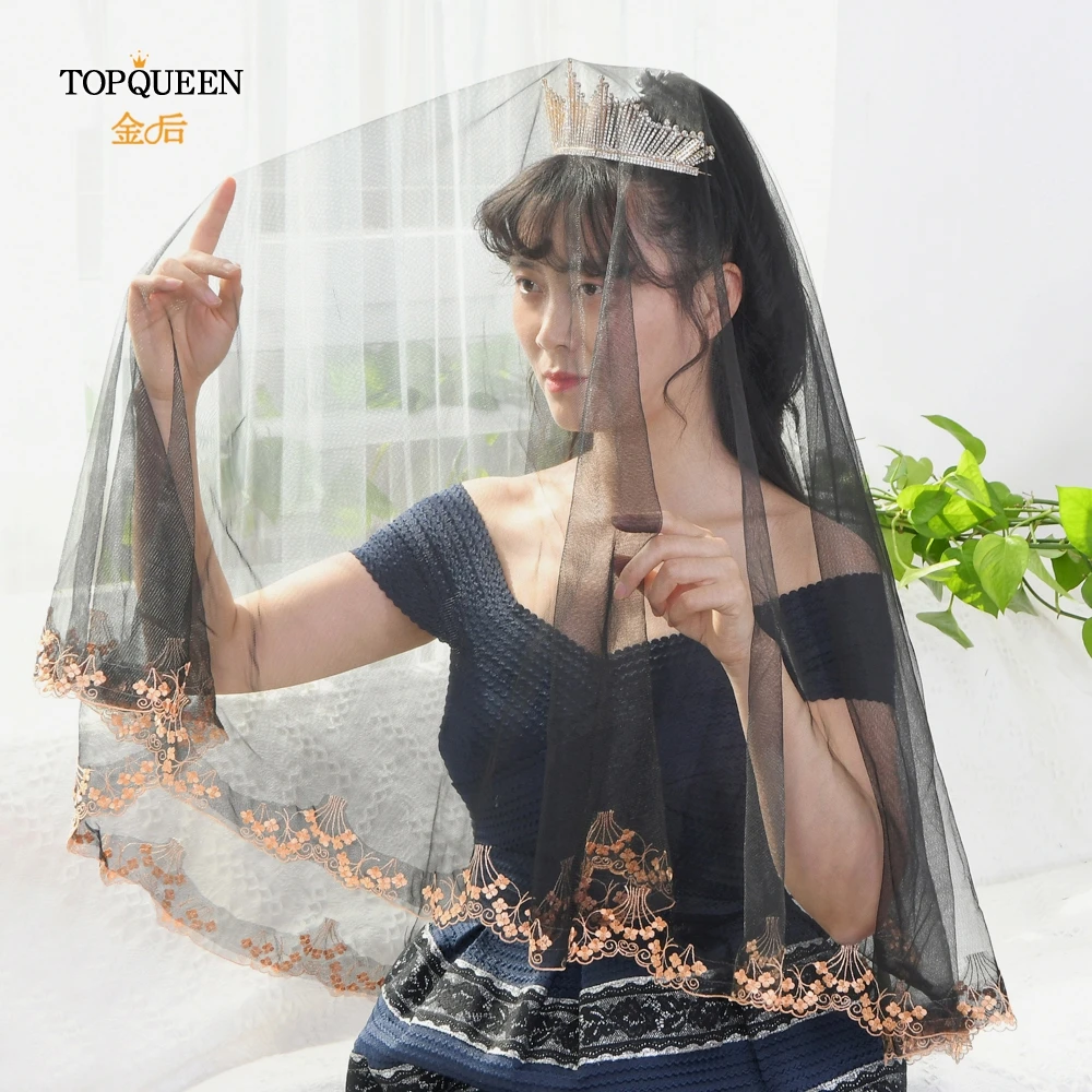 

TOPQUEEN V57 Black Veil Wedding Bridal Veil Hats without Comb Lace Edge 1.6*1.6 Long Wedding Veil Bridal Veil Lace Edge