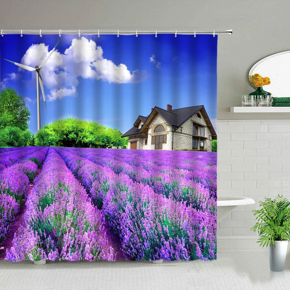 

Purple Lavender Garden Flower Landscape Shower Curtains Bathroom Home Decor Bath Curtain Set Waterproof Cloth Bathtub Screen