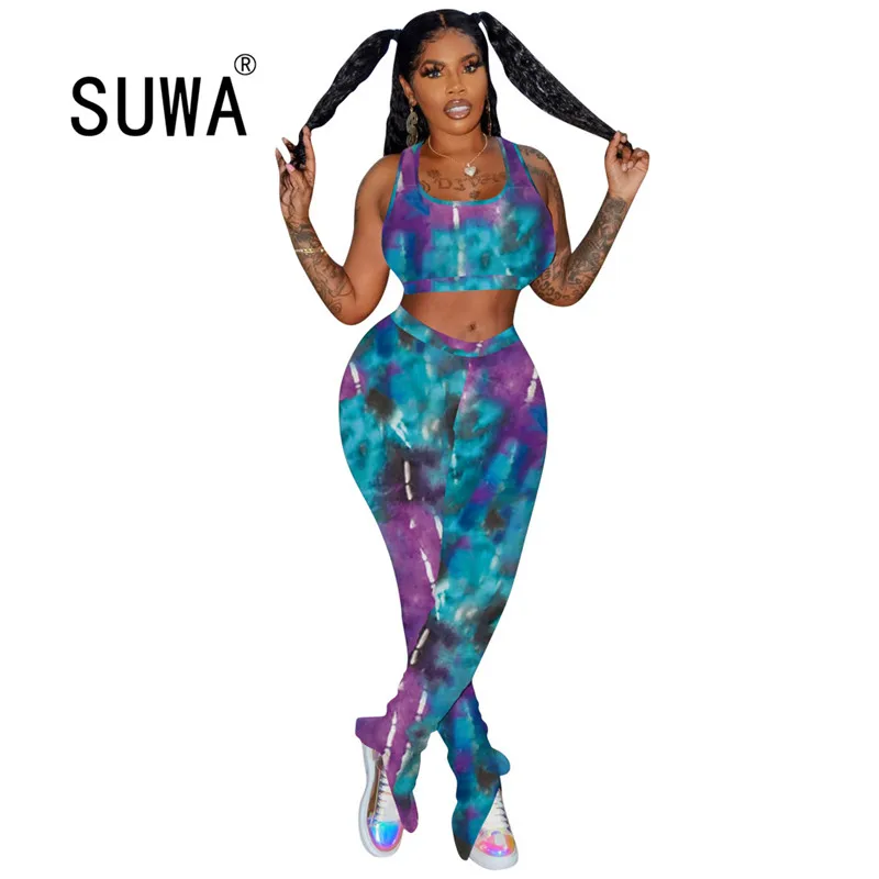 

2020 women fashion Tie-dyed U neck sling crop top and tight leggings 2 pieces set high street lady fashion women outfits
