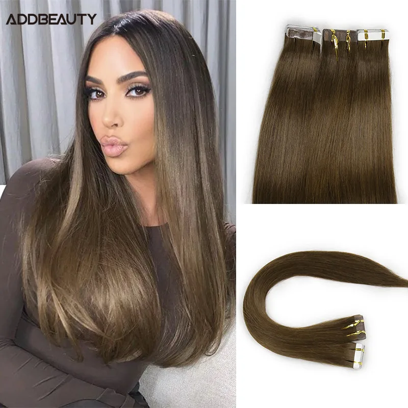 

Addbeauty Women Human Hair Extensions Tape In Straight Hair Extension Weft 10/20PCS Brzilian Human Remy Hair Bundles Extensions