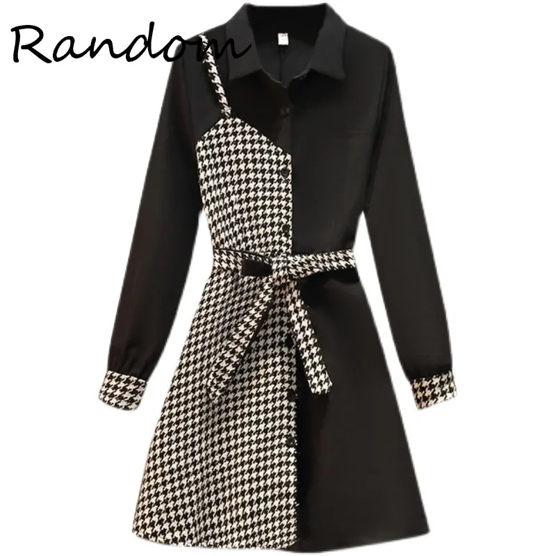 

Plus Size 4XL Women 2021 Autumn Houndstooth Patchwork Black Turn Down Collar Long Sleeve Shirt Dresses Office Ladies Clothing