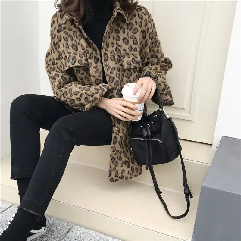 

Leopard print jacket female autumn and winter new Korean style loose collar mid-length long-sleeved shirt