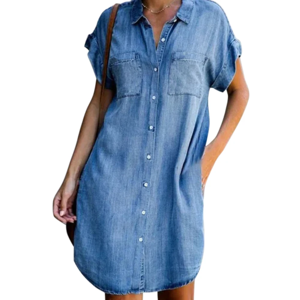 

Fashion Solid Turn Down Neck Blue Denim Shirt Dress Short Sleeve Pockets Single-breasted Loose Casual Women's Jeans Dress