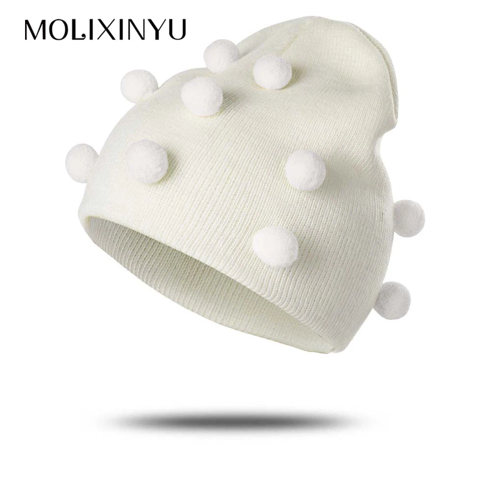 MOLIXINYU/зимняя детская шапка для девочек и мальчиков с милым помпоном; однотонные Детские шапочки; Вязаная хлопковая теплая уличная детская шапка