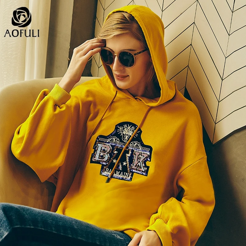 AOFULI L ~ 5XL кофта с капюшоном пайетками Женская толстовка осень зима уличная одежда