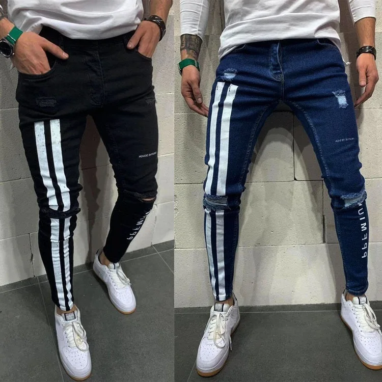 Men's Print Ripped Skinny Jeans With Small Feet