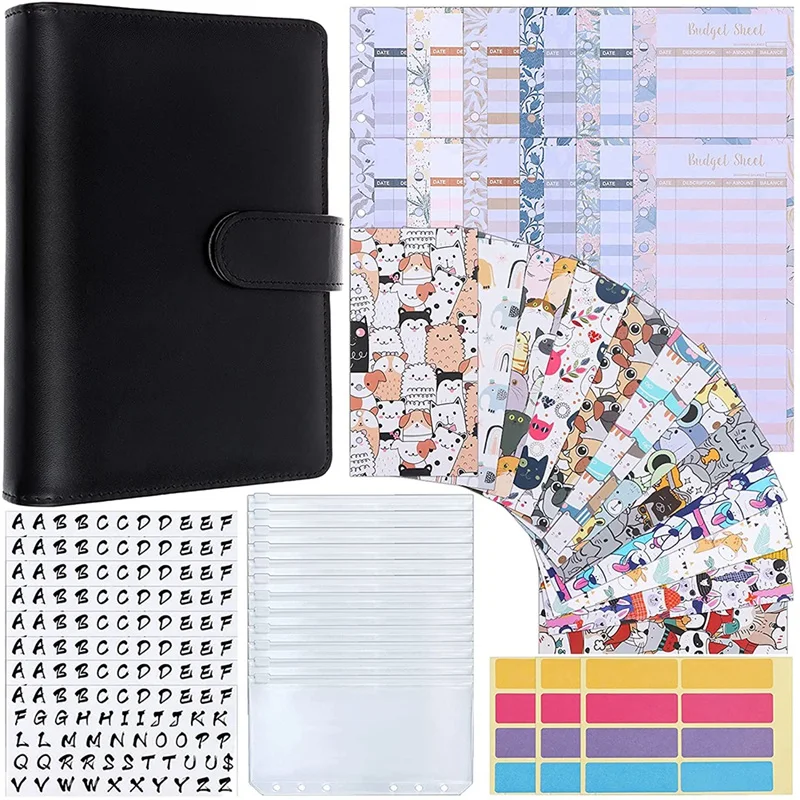 

PU Budget Binder Cash Organizer, Expense Budget Sheets,A6 PVC Bags Alphabet Stickers for Daily Money Planner Uses