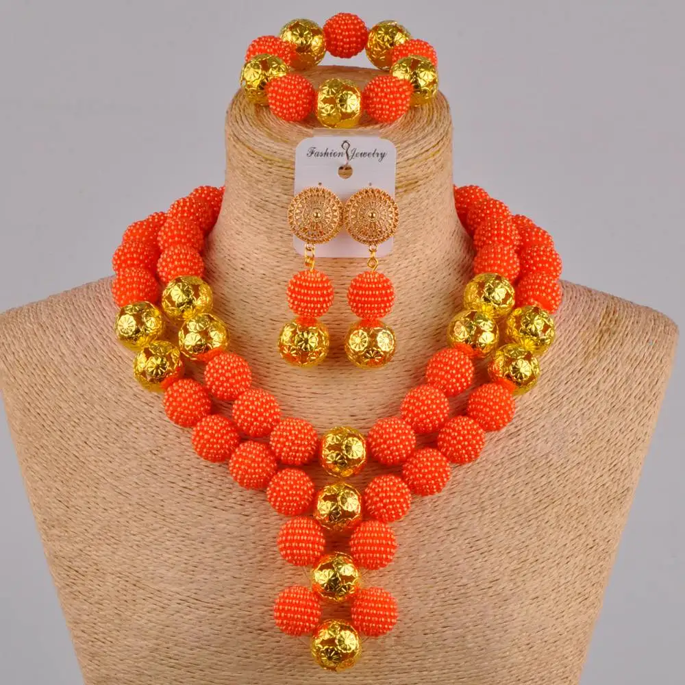 

Majalia Orange New Imitation Pearl Beads African Jewelry Set Nigerian Wedding Necklace Sets Bracelet Earrings for Womens XX-08