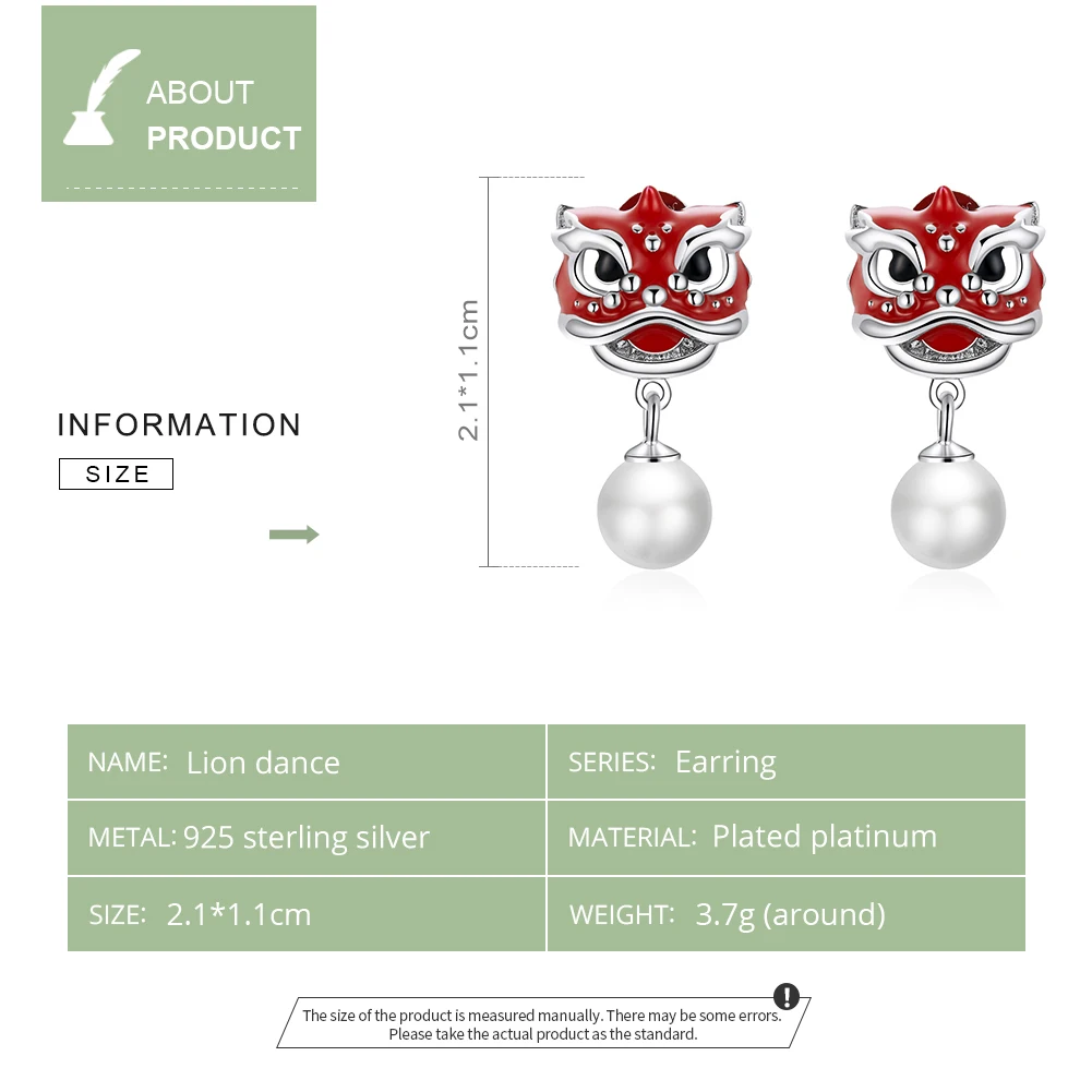 WOSTU Genuine 925 Sterling Silver Chiness Lion Dance Drop Earrings Red Enamel Pearl For Women Lucky Jewelry FNE333 | Украшения и