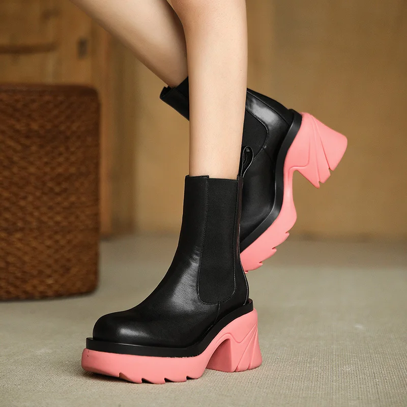 

Autumn Boots Women Slip on Ankle Mid Calf Boots Platform Non Slip PU Leather Soft Thick-soled Large Size Ladies Elastic Boots
