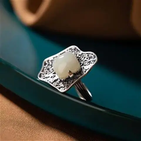 

Original S925 Sterling Silver Inlaid Hetian Jade Ring Vintage Antique Cheongsam Match Retro Style Female Open Ring