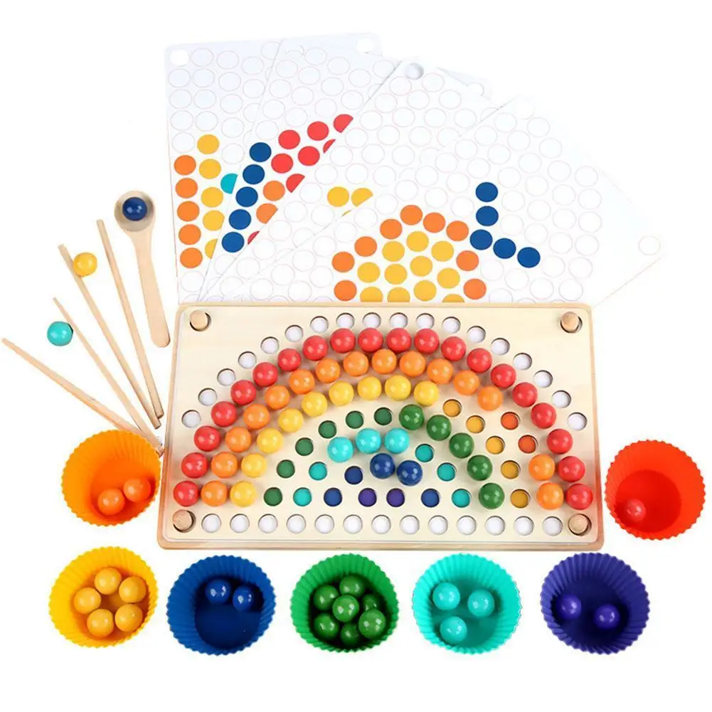 

Children's Rainbow Building Blocks Clip Bead Jigsaw Clip Game Training Wooden Puzzle Hand-eye Toy Jigsaw Small Coordination Q0N2
