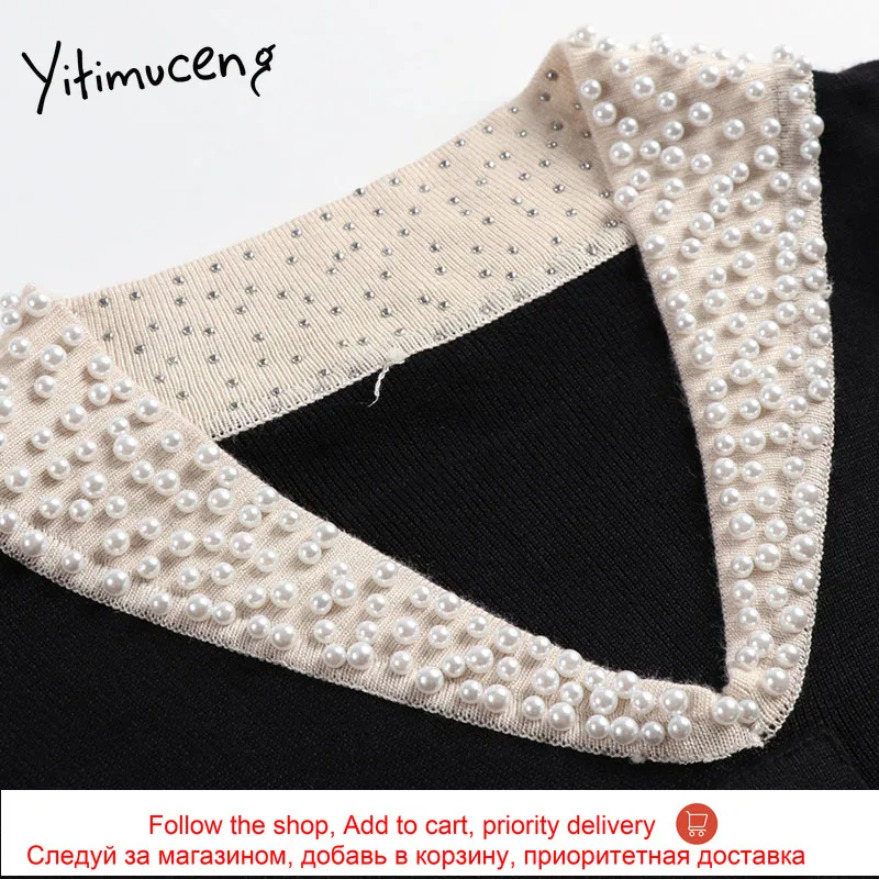 

Yitimuceng Diamonds Dresses Women Solid Black Spring 2021 V-Neck Loose Waist Single Breasted French Fashion Clothes Office Lady