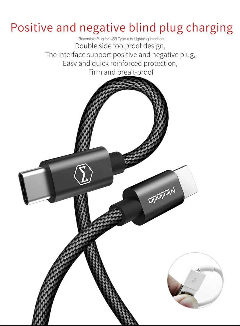 MCDODO USB C PD кабель USB-C-8 Pin кабель для быстрой зарядки для iPhone X 8 Plus телефонный кабель для передачи данных для iPhone XS MAX XR шнур зарядного устройства
