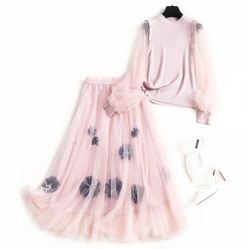 

New 2020 spring pink mesh long skirt 3D floral cute skirts two piece set ruffles lurex knitted tops mesh lantern sleeve pullover