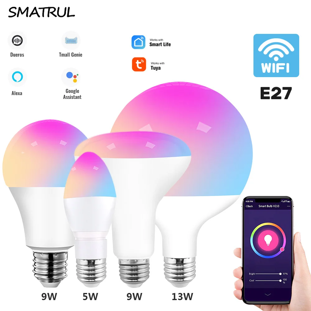 SMATRUL Tuya WiFi умный светильник лампочка E27 цветная (RGB) Светодиодная лампа 5 Вт 9 13 ЕС 220V