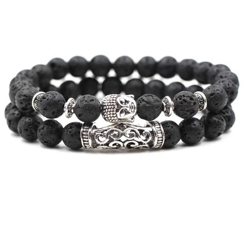 Женский браслет с бусинами из натурального камня черный вулканического головой